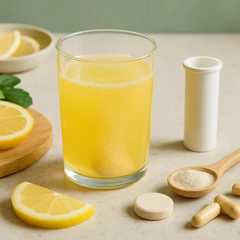 A glass of yellow vitamin supplement drink next to lemon slices, a wooden spoon with powder, tablets, and capsules, symbolizing wellness and healthy eating.