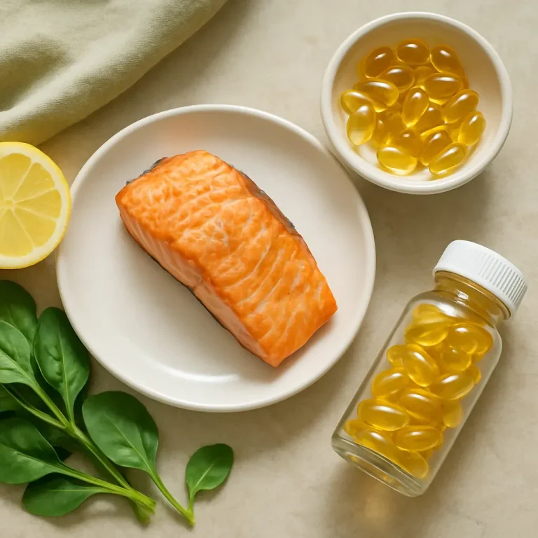 Salmon fillet on a plate next to lemon slice, spinach leaves, and bottle of fish oil capsules, highlighting healthy eating and wellness.