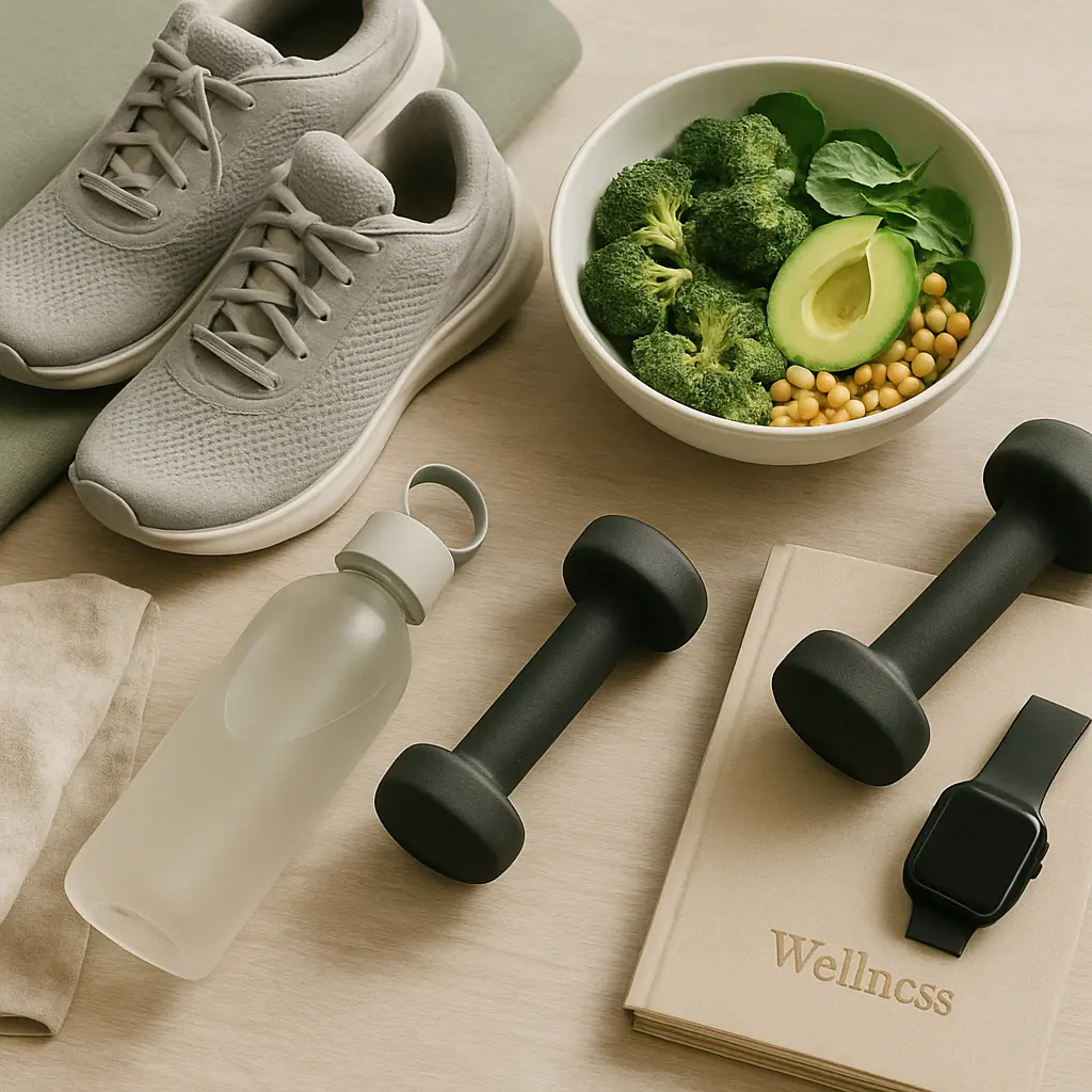 Fitness gear and wellness items including gray sneakers, a water bottle, dumbbells, a wellness book, and a smartwatch are placed beside a healthy bowl of broccoli, avocado, chickpeas, and spinach, emphasizing vitamins, supplements, and healthy eating.