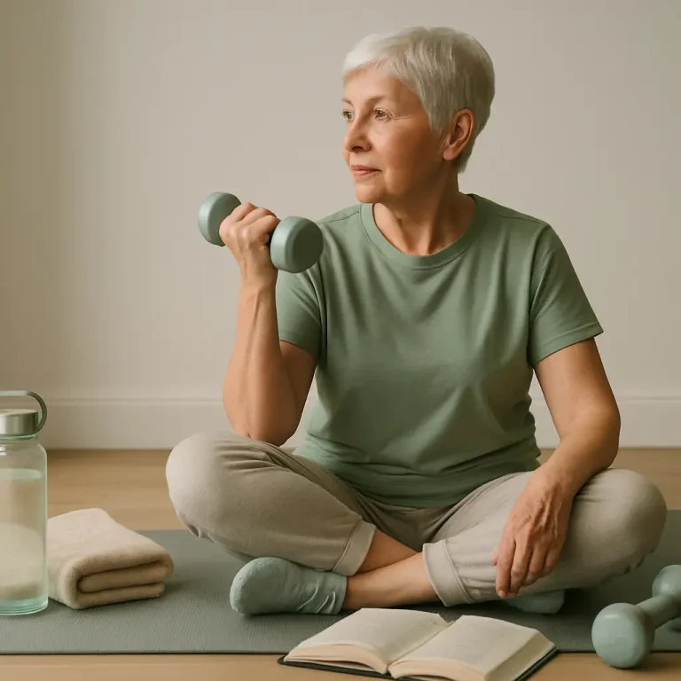 A senior woman practicing fitness with a dumbbell, sitting on a yoga mat with a water bottle and book nearby, emphasizing wellness, supplements, and healthy lifestyle.