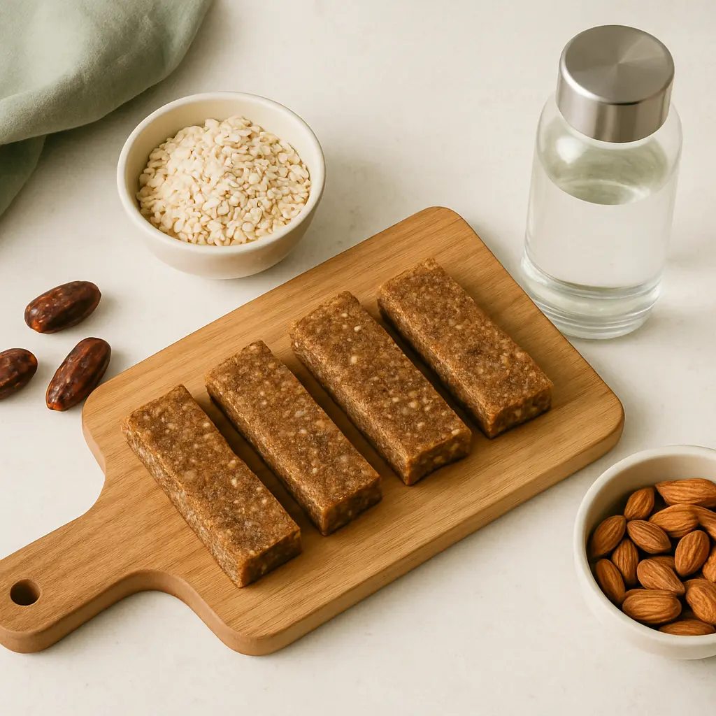 Energy bars made from natural ingredients like almonds, dates, and rice, displayed on a wooden board, promoting healthy eating and fitness nutrition.