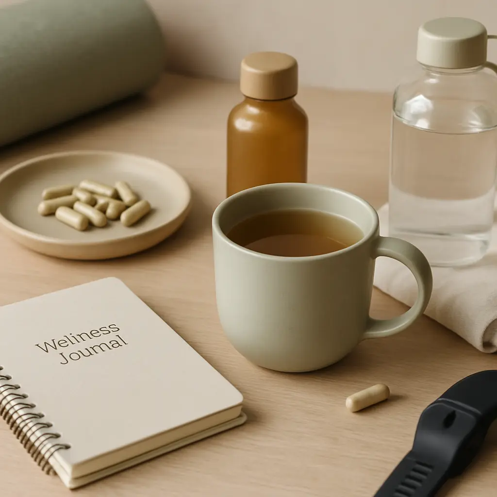A wellness setup featuring a mug of tea, a wellness journal, supplement capsules, and bottles of vitamins and water, emphasizing fitness and healthy eating.