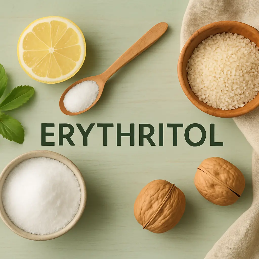 Image featuring erythritol with ingredients like lemon, sugar, rice, walnuts, and green leaves, promoting wellness and healthy eating.