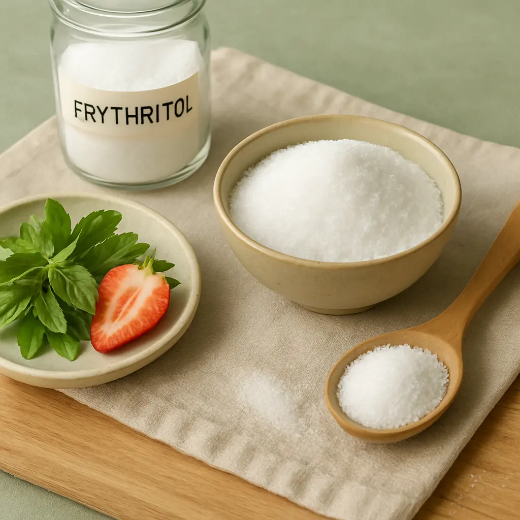 A jar labeled 'Frythritol' with a bowl and a wooden spoon filled with a sugar-like substance, alongside a small plate with fresh green mint leaves and a sliced strawberry, emphasizing healthy eating and natural sweeteners.