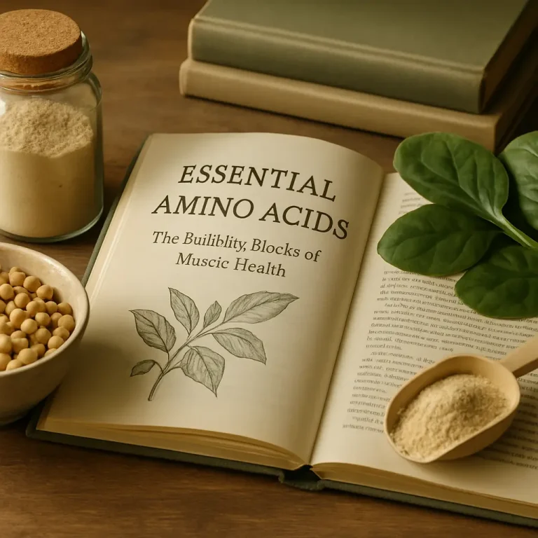 Open book titled "Essential Amino Acids" alongside jars of protein powder and soybeans, representing nutrition, supplements, and wellness.