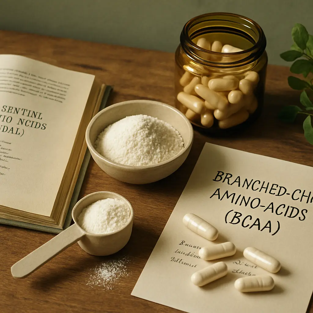 BCAA supplements in capsules and powdered form emphasizing fitness, wellness, and healthy eating.