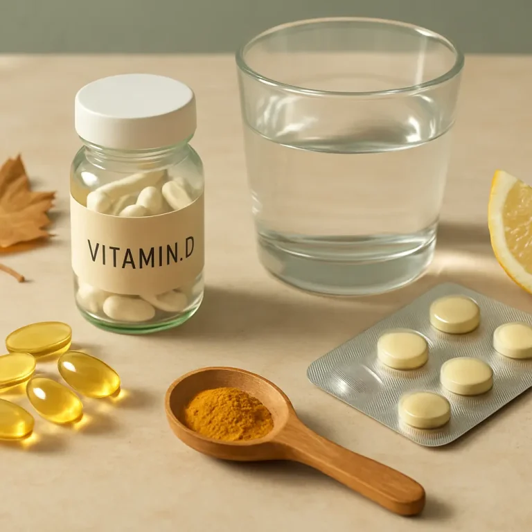 Vitamin D supplements in a jar, yellow capsules, and turmeric powder next to a glass of water and a lemon slice, symbolizing wellness and healthy eating.