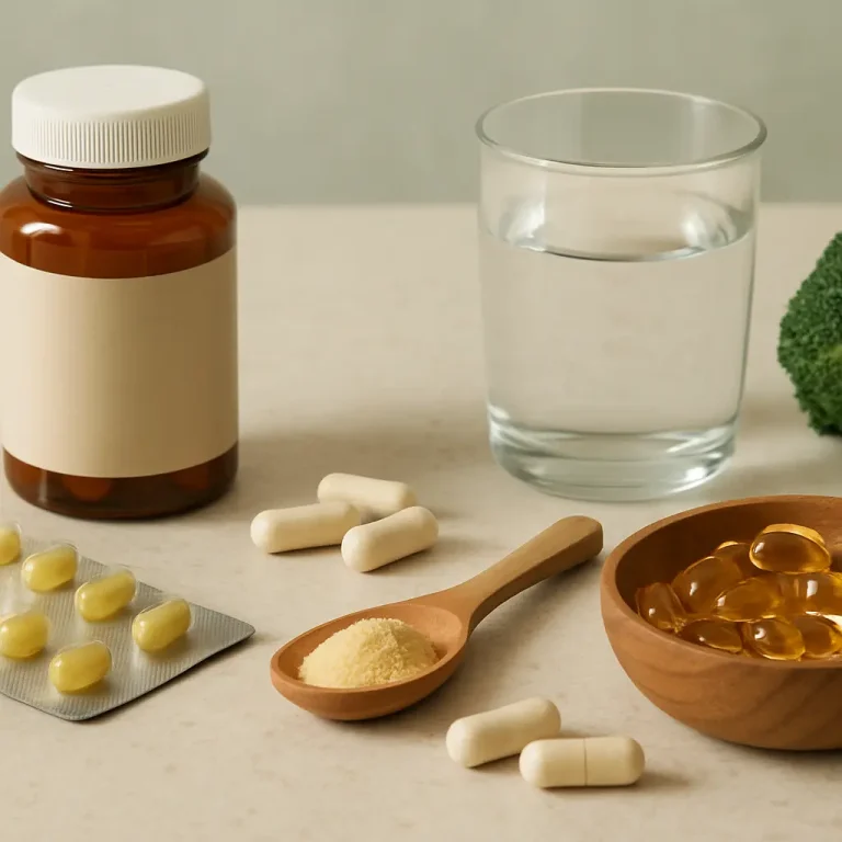 Table with various vitamins and supplements including capsules, a bottle, a spoon with powder, a glass of water, and broccoli, promoting health and wellness.