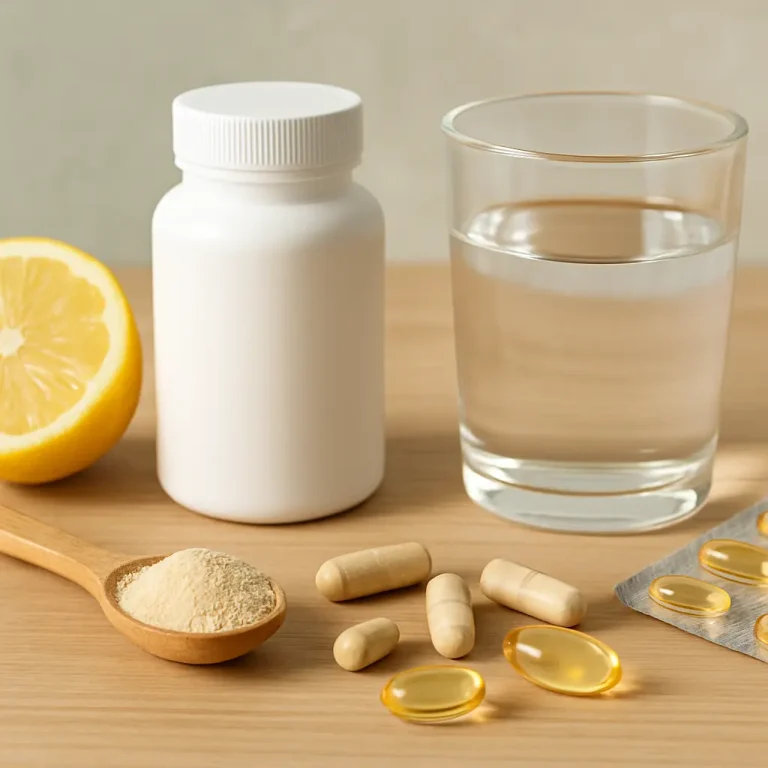 A white bottle of supplements next to a lemon, wooden spoon with powder, capsules, and a glass of water, symbolizing wellness, fitness, and healthy eating.