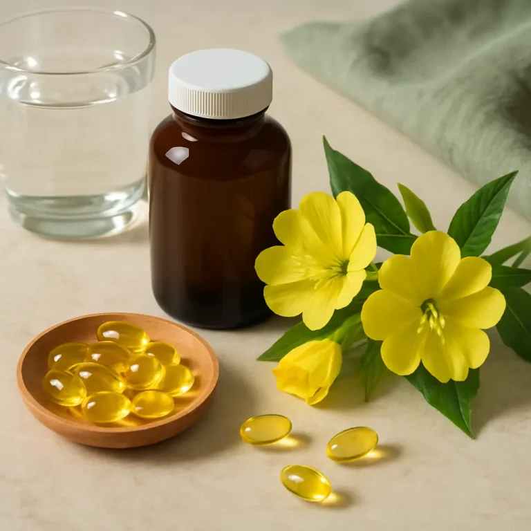 Yellow capsules on a wooden dish next to a brown bottle, with evening primrose flowers and a glass of water, symbolizing vitamins, supplements, wellness, and healthy eating.