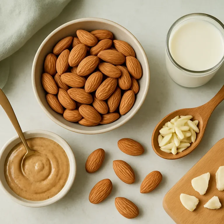 Healthy selection of almonds including whole almonds in a bowl, almond butter in a dish, slivered almonds on a spoon, and almond milk in a glass, highlighting plant-based nutrition and wellness benefits.