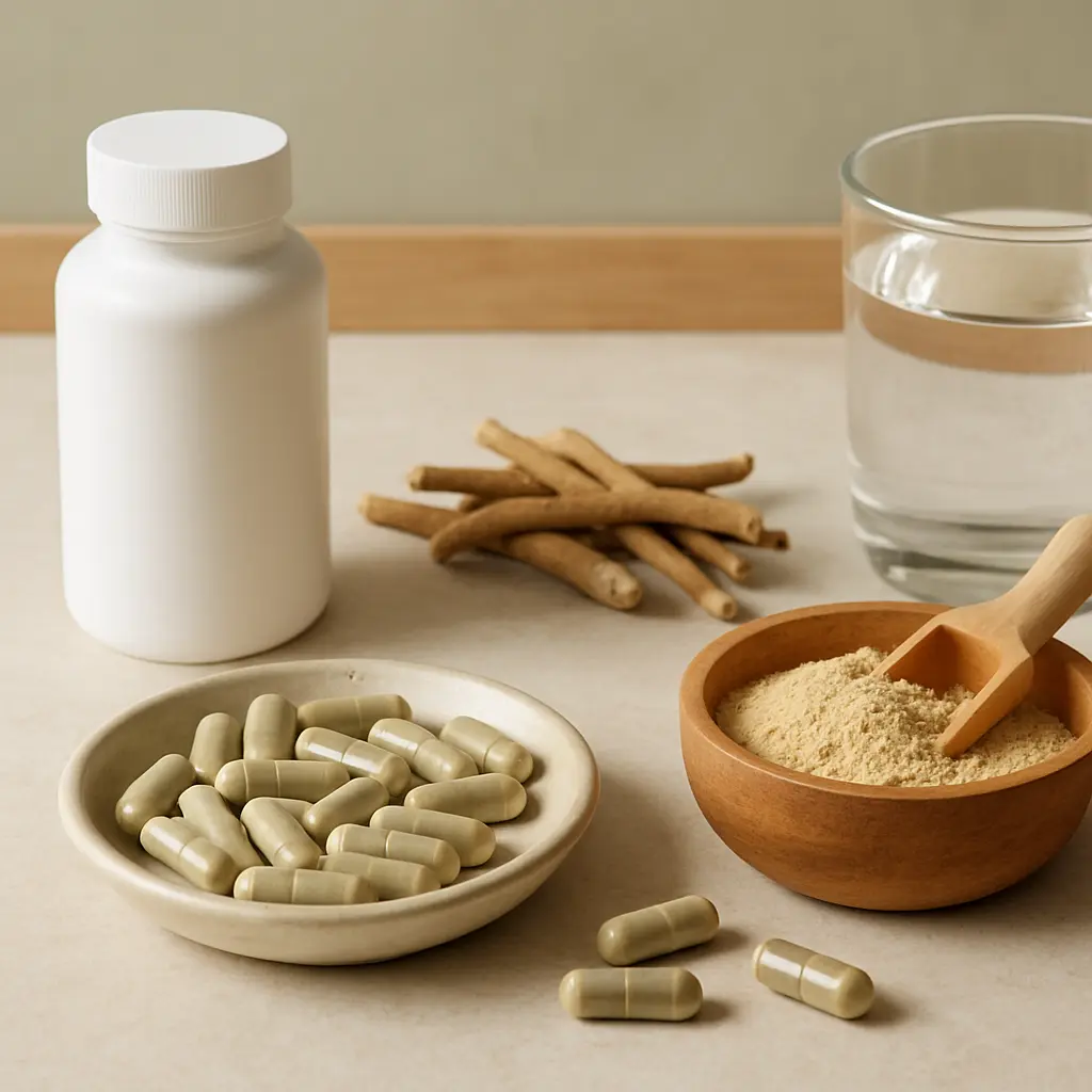 Ashwagandha supplements and powder with a bottle, capsules, and a glass of water, emphasizing wellness and healthy living.