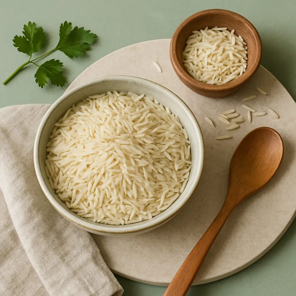 A bowl of cooked basmati rice on a round wooden board with a wooden spoon, a small wooden bowl of uncooked rice, and a sprig of parsley, emphasizing healthy eating and wellness.