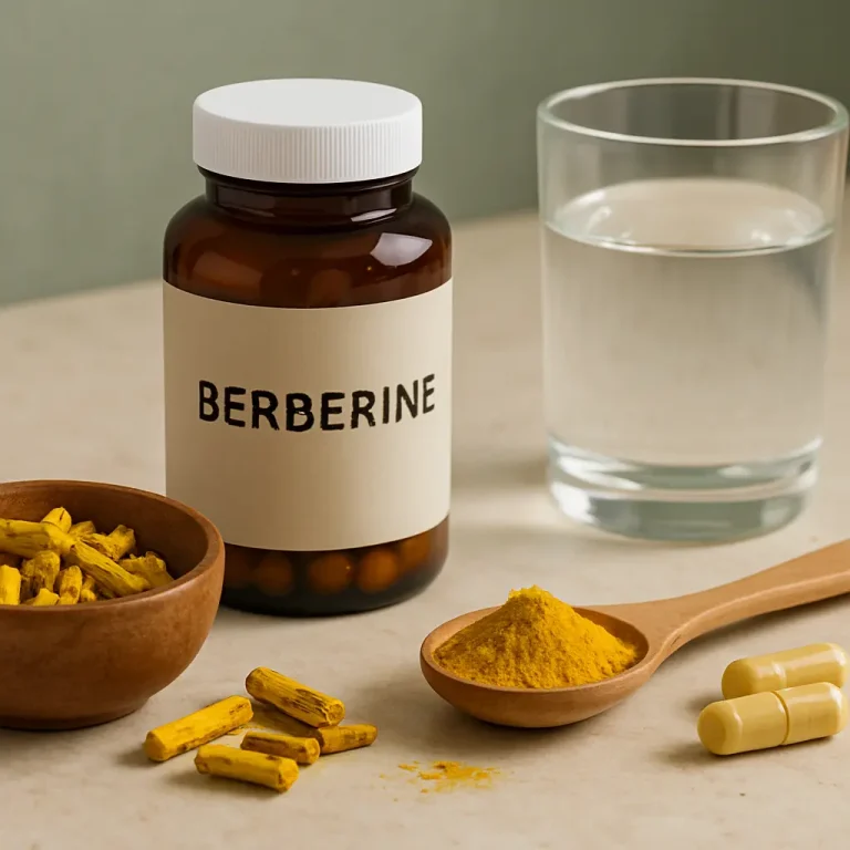 Berberine supplement bottle next to a glass of water, a wooden bowl with yellow root pieces, a spoon with yellow powder, and capsules, emphasizing wellness and health benefits.