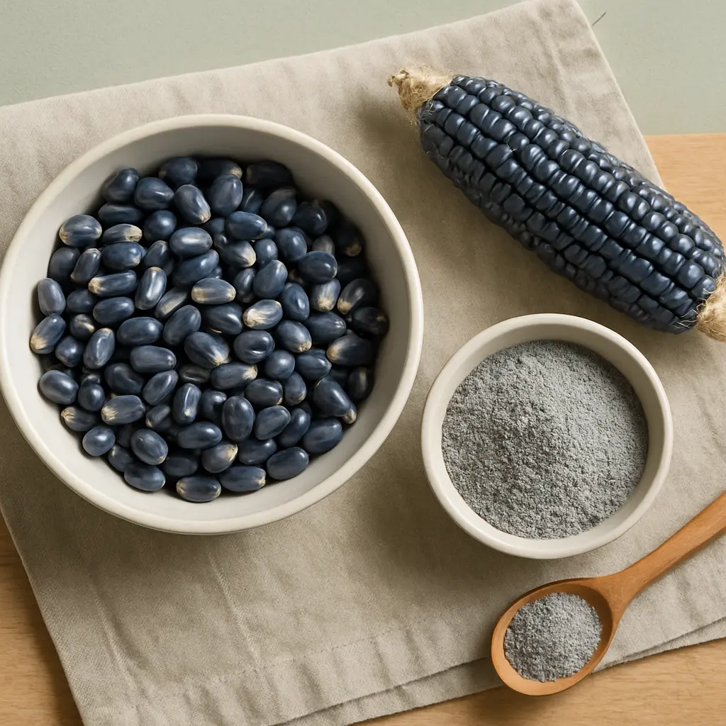 Bowl of blue maize kernels, ground blue corn flour, and whole blue corn on a cloth, highlighting superfood benefits, healthy eating, and wellness.