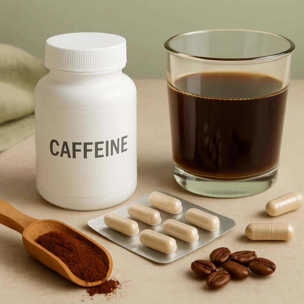Assortment of caffeine supplements including a white bottle labeled 'Caffeine,' capsules, a glass of black coffee, coffee beans, and ground powder, representing fitness and wellness nutrition.