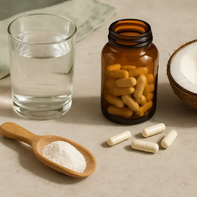 Glass of water, brown bottle of vitamins, scoop of white supplement powder, and capsules on a table, representing wellness, supplements, and healthy living.