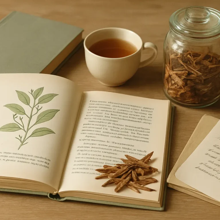 A wellness setup featuring a herbal book with a botanical illustration, a cup of herbal tea, and a jar of dried roots, emphasizing healthy eating and natural supplements.