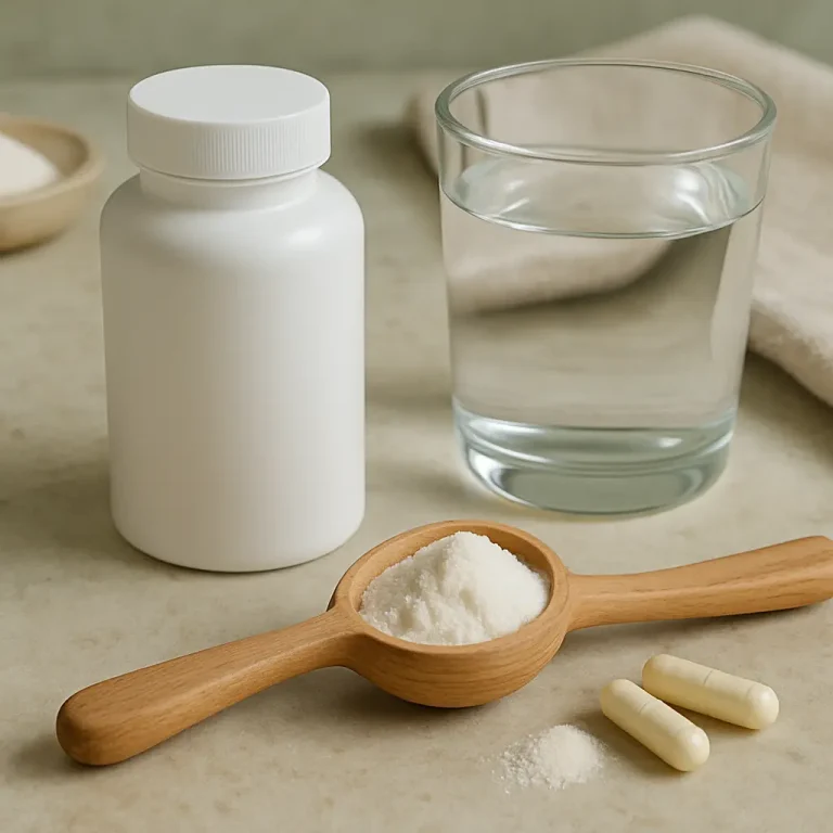 A white supplement bottle next to a glass of water, a wooden scoop filled with powder, and two capsules, symbolizing vitamins, wellness, and healthy eating.