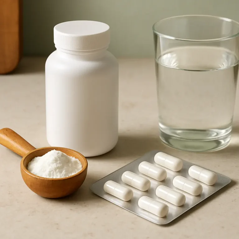 A white supplement bottle, a wooden spoon with powder, a blister pack of capsules, and a glass of water on a table, symbolizing vitamins, wellness, and healthy eating.