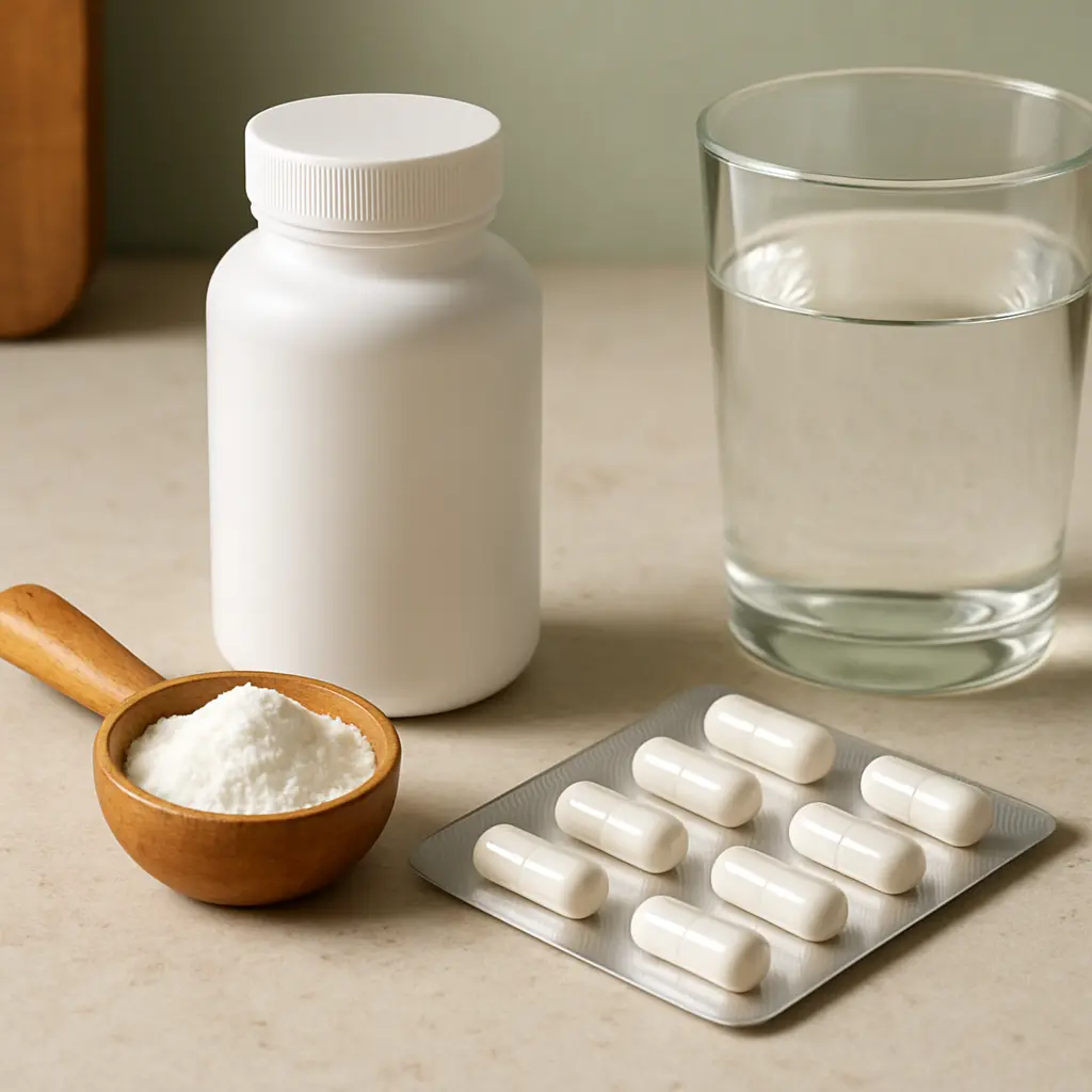 A white supplement bottle, a wooden spoon with powder, a blister pack of capsules, and a glass of water on a table, symbolizing vitamins, wellness, and healthy eating.