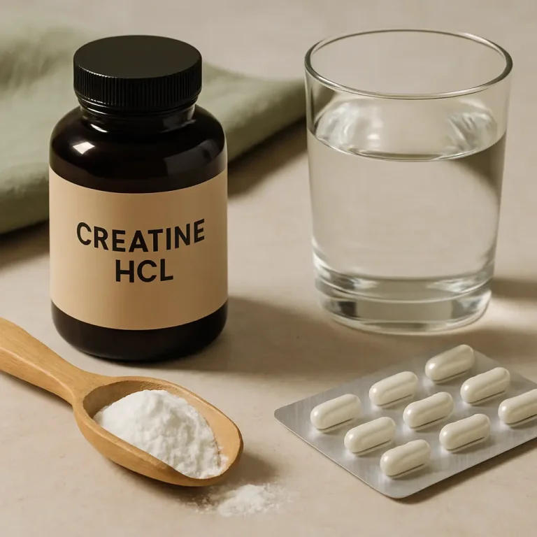 Container of Creatine HCL supplement, wooden spoon with powder, a glass of water, and blister pack of capsules, highlighting fitness and wellness.