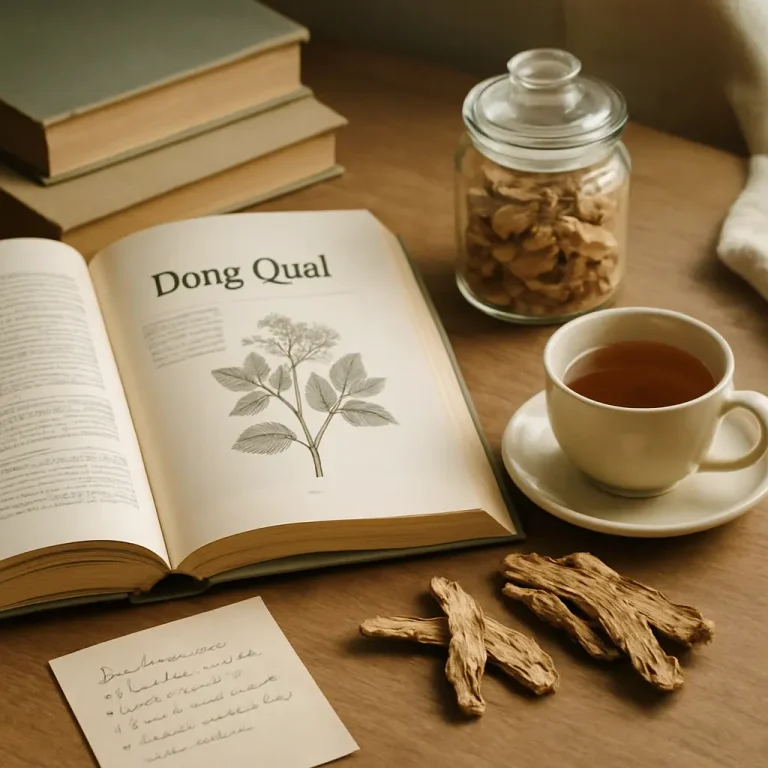 Open book showing a page on Dong Quai with a botanical illustration, next to a jar of herbal supplements, a cup of herbal tea, and some dried root pieces, promoting natural remedies and wellness.