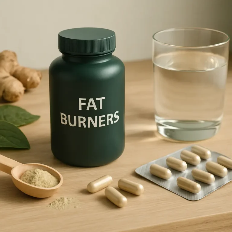 A bottle labeled "Fat Burners" on a table with capsules, a scoop of powder, a glass of water, and ginger root, symbolizing fitness, supplements, and wellness.