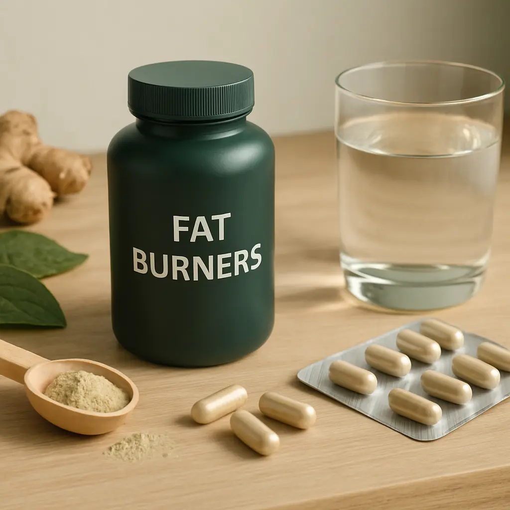A bottle labeled "Fat Burners" on a table with capsules, a scoop of powder, a glass of water, and ginger root, symbolizing fitness, supplements, and wellness.