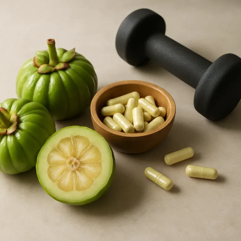 Garcinia cambogia fruits and capsules next to a dumbbell, highlighting fitness, supplements, and healthy eating concepts.