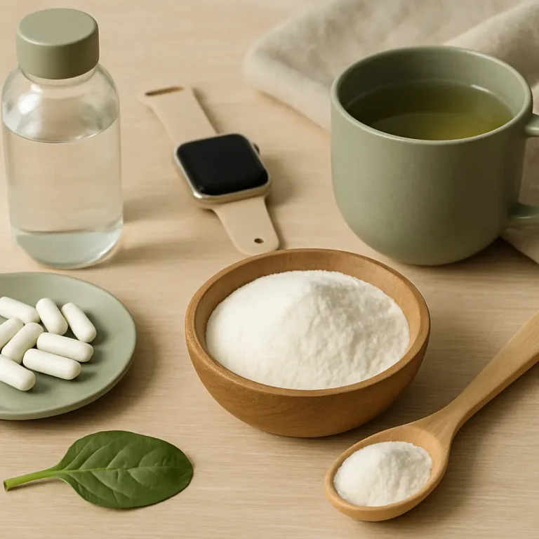 A tabletop arrangement featuring a wooden bowl and spoon filled with white supplement powder, a plate with white capsules, a bottle of water, a smartwatch, a cup of green tea, and a spinach leaf, emphasizing vitamins, supplements, fitness, and wellness.
