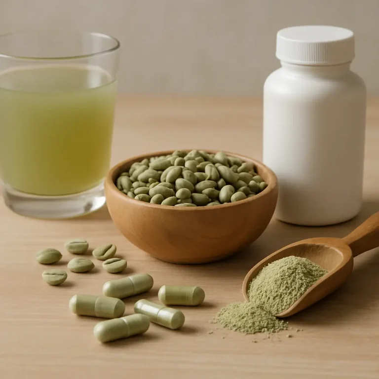Green coffee beans, a white supplement bottle, a glass of green juice, capsules, and a wooden scoop of green powder on a table, highlighting healthy eating and fitness supplements.