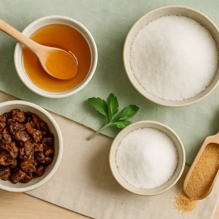 Assorted natural sweeteners in bowls, including honey, dried fruit, sugar, and stevia leaves, emphasizing healthy eating and wellness.