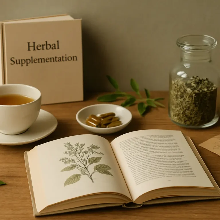 A book on herbal supplementation beside a cup of tea, capsules, and a jar of dried herbs, emphasizing wellness and healthy eating.