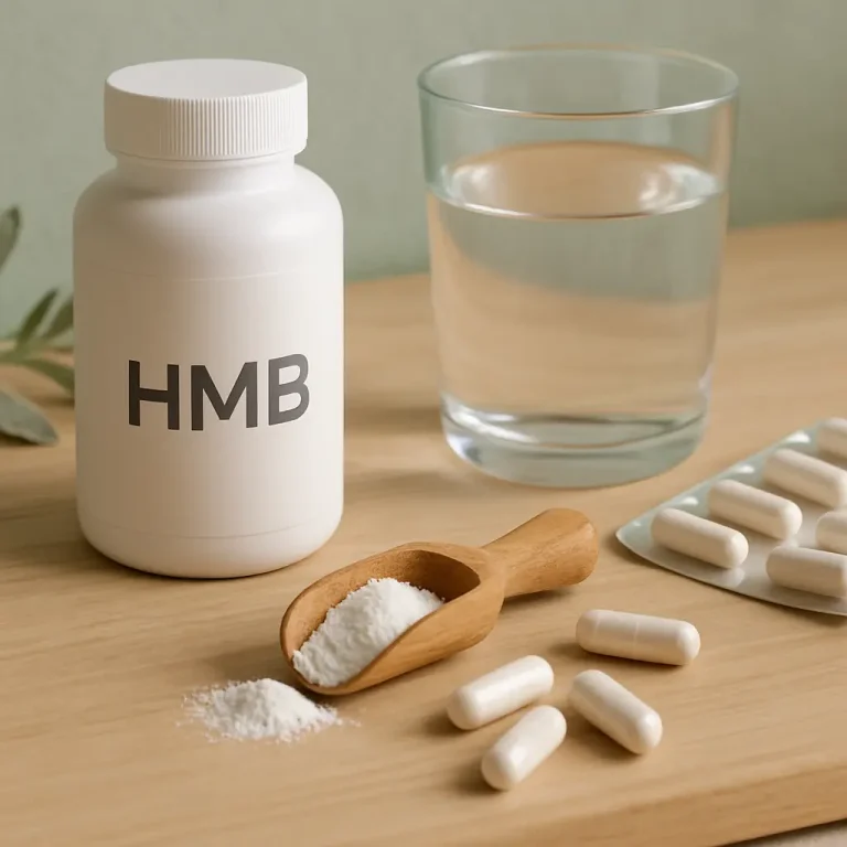 A bottle labeled 'HMB' next to a wooden scoop of powder, white capsules, and a glass of water, suggesting supplements for fitness and wellness.