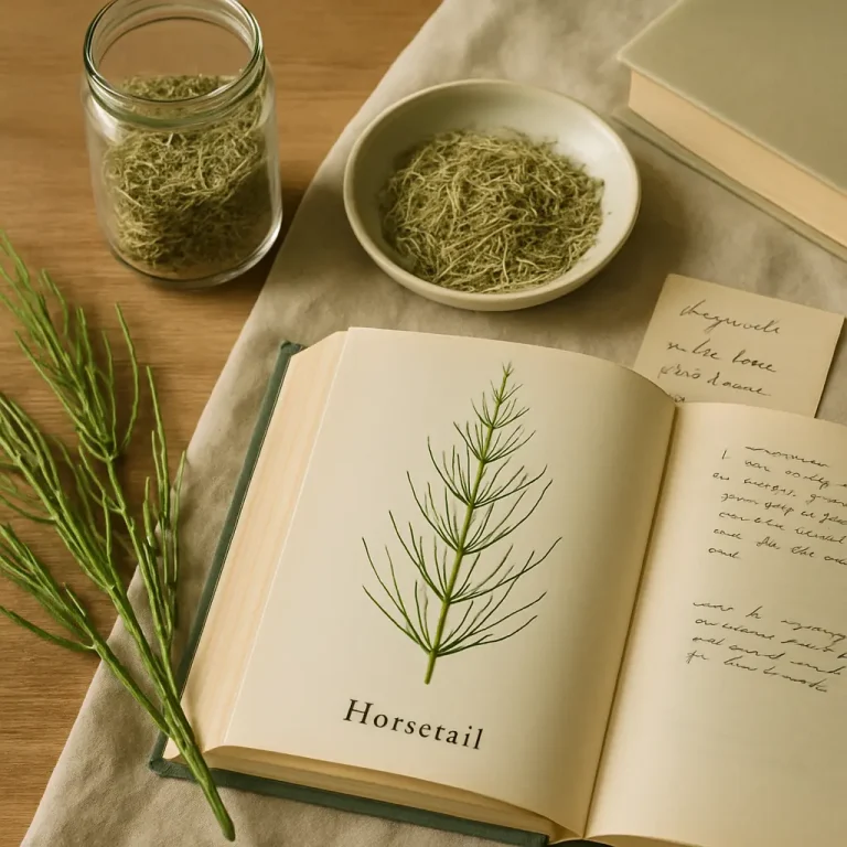 Open book showing horsetail plant illustration, with dried horsetail herbs in a jar and bowl on a wooden table, reflecting natural supplements and herbal wellness.