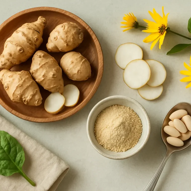 Ingredients for healthy eating and wellness including Jerusalem artichokes, powder supplements, and health-boosting capsules, arranged with sunflowers and spinach leaves for a natural, vitamin-rich composition.