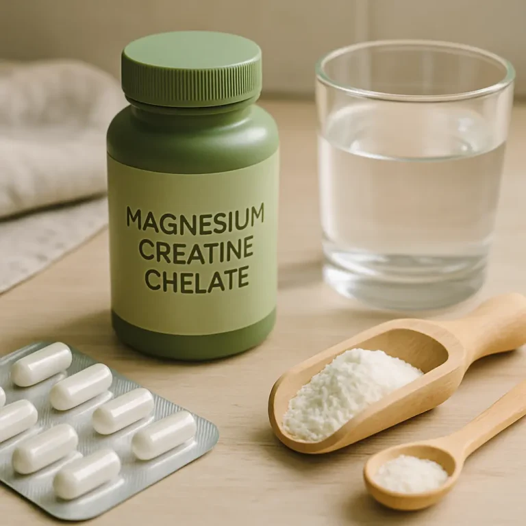 Supplement bottle labeled 'Magnesium Creatine Chelate' surrounded by capsules, a scoop of powder, and a glass of water, suggesting a focus on fitness and wellness.