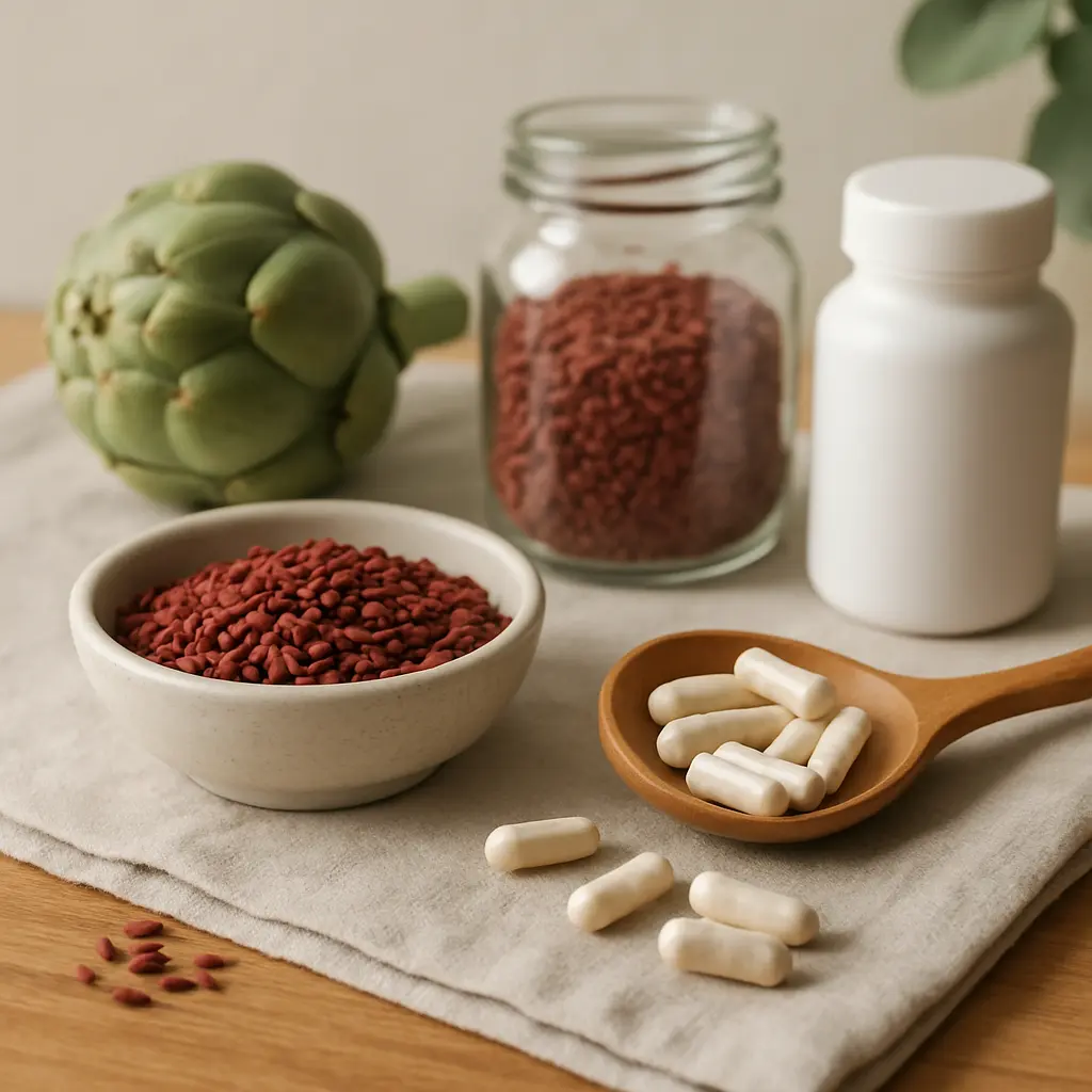 Assorted wellness supplements including a jar and bowl of red seeds, a white bottle of capsules, and an artichoke on a table, symbolizing healthy eating and fitness nutrition.
