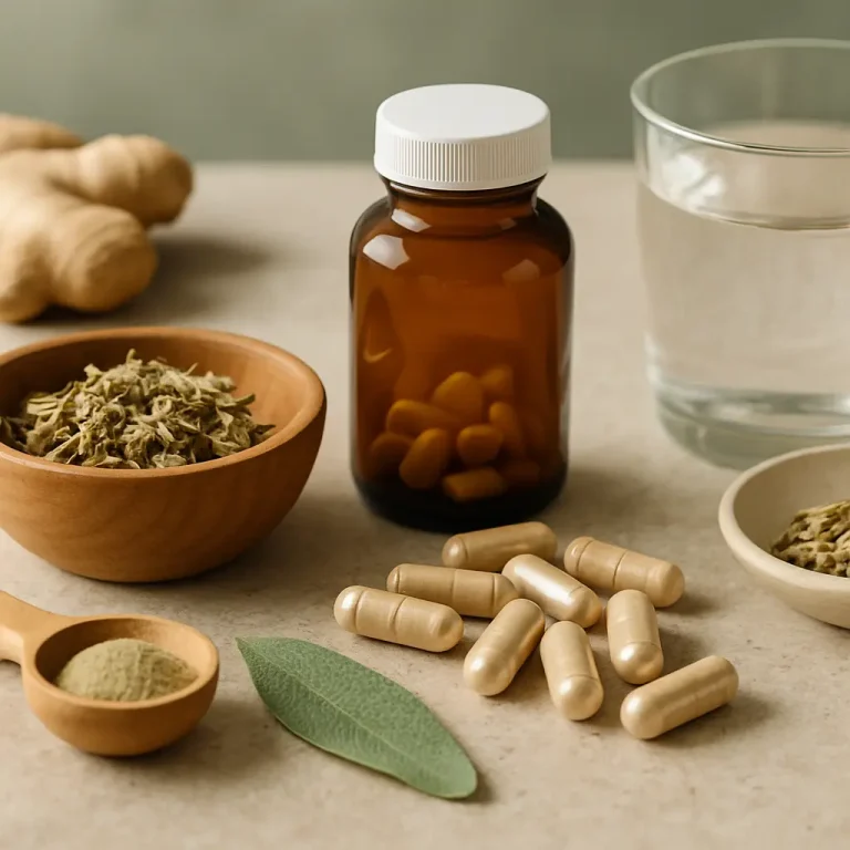 Brown glass bottle of dietary supplements, surrounded by capsules, ginger, a bowl of herbs, and a glass of water, promoting wellness, fitness, and healthy eating.