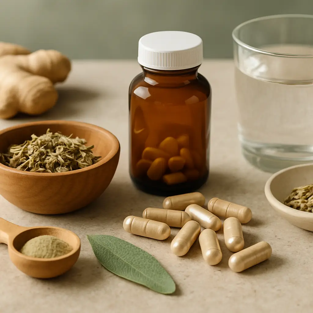 Brown glass bottle of dietary supplements, surrounded by capsules, ginger, a bowl of herbs, and a glass of water, promoting wellness, fitness, and healthy eating.