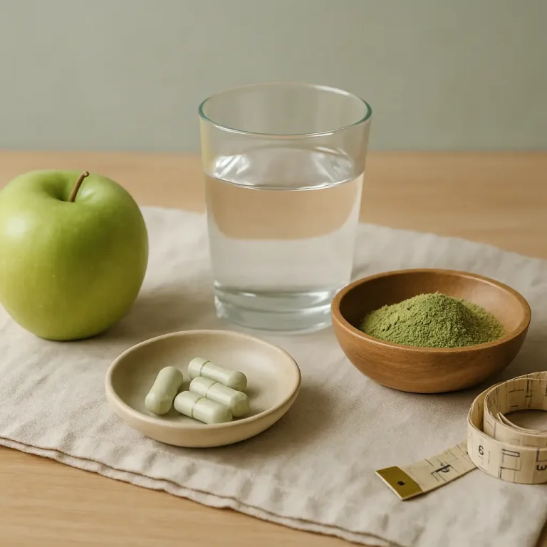 A green apple, glass of water, capsules, green powder, and measuring tape on a wooden table suggest fitness, supplements, and healthy eating.