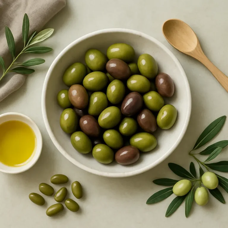 A bowl of green and brown olives, a source of healthy fats and vitamins, surrounded by olive leaves, a wooden spoon, and a small dish of olive oil, emphasizing wellness and healthy eating.