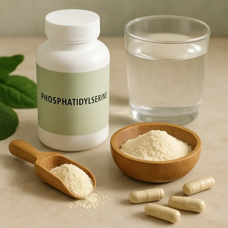 Supplement bottle labeled 'Phosphatidylserine' with powder and capsules on a table, promoting brain health and wellness.