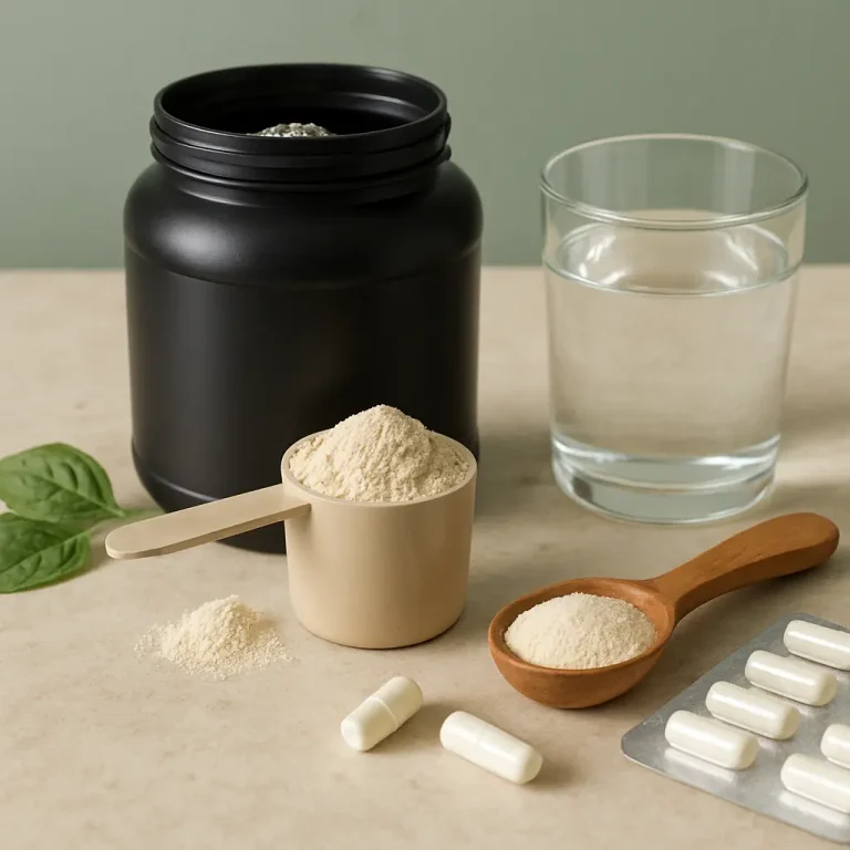 Supplement and wellness setup featuring a black container of protein powder, scoops filled with powder for fitness, capsules for vitamins, and a glass of water, promoting healthy eating and wellness.