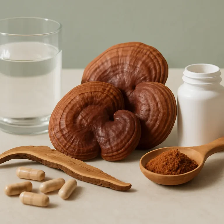 Reishi mushrooms, supplement capsules, a spoon with mushroom powder, and a glass of water, emphasizing vitamins, wellness, and healthy eating.
