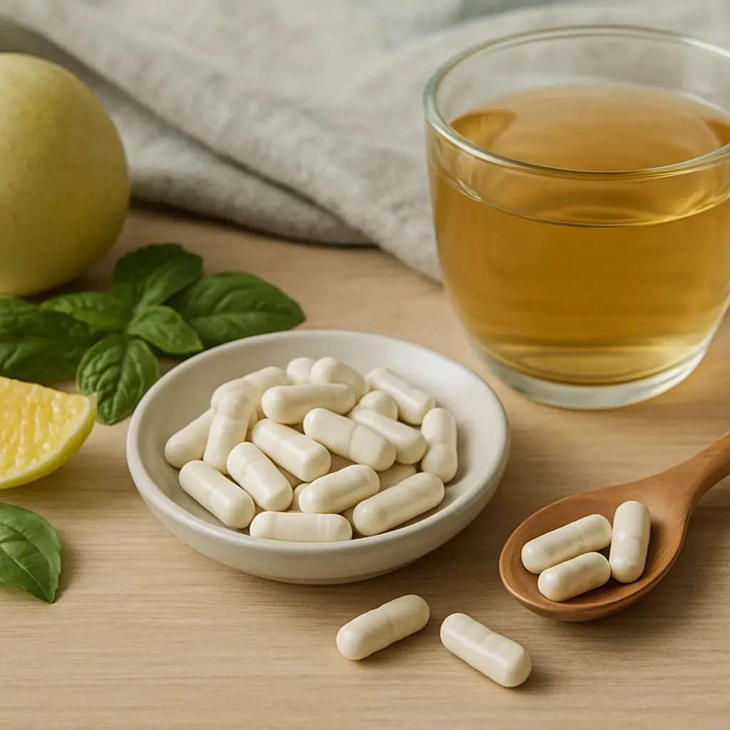 Dietary supplements in a white bowl alongside a wooden spoon with capsules, a glass of herbal tea, fresh mint leaves, a lemon wedge, and an apple, reflecting a focus on vitamins, wellness, and healthy eating.