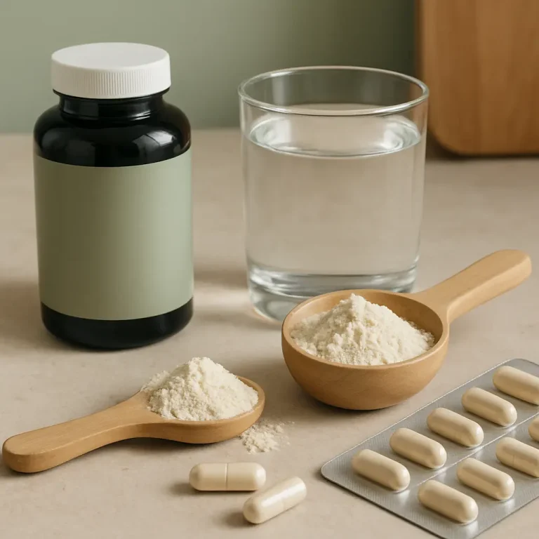 A bottle of vitamins, a glass of water, powdered supplements in wooden scoops, and a blister pack of capsules symbolize fitness, wellness, and healthy eating.