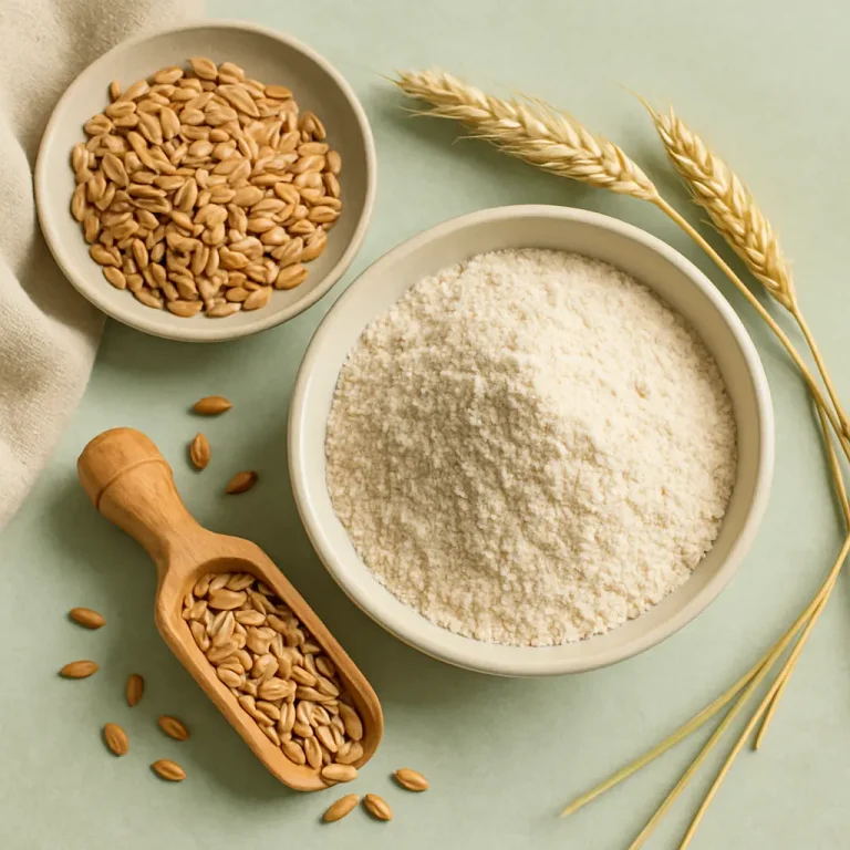 Whole grain wheat and wheat flour displayed in a bowl and scoop next to wheat stalks on a green surface, symbolizing natural ingredients for healthy eating, fitness, and wellness.