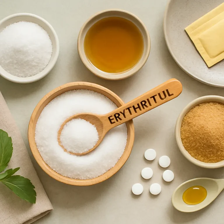 Various sweeteners including erythrityl, seen in a wooden spoon, surrounded by granulated white and brown sugar, honey, sweetener tablets, and green leaves, promoting wellness and healthy eating.
